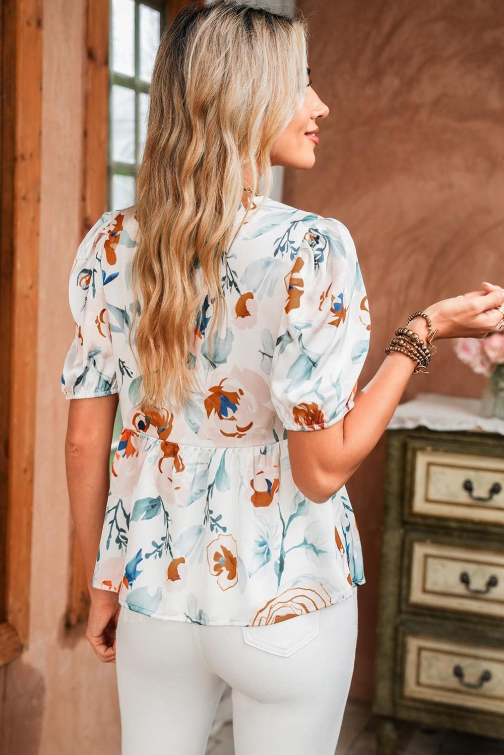 Blouses | Green Floral Print Puff Sleeve V Neck Babydoll Blouse - Women