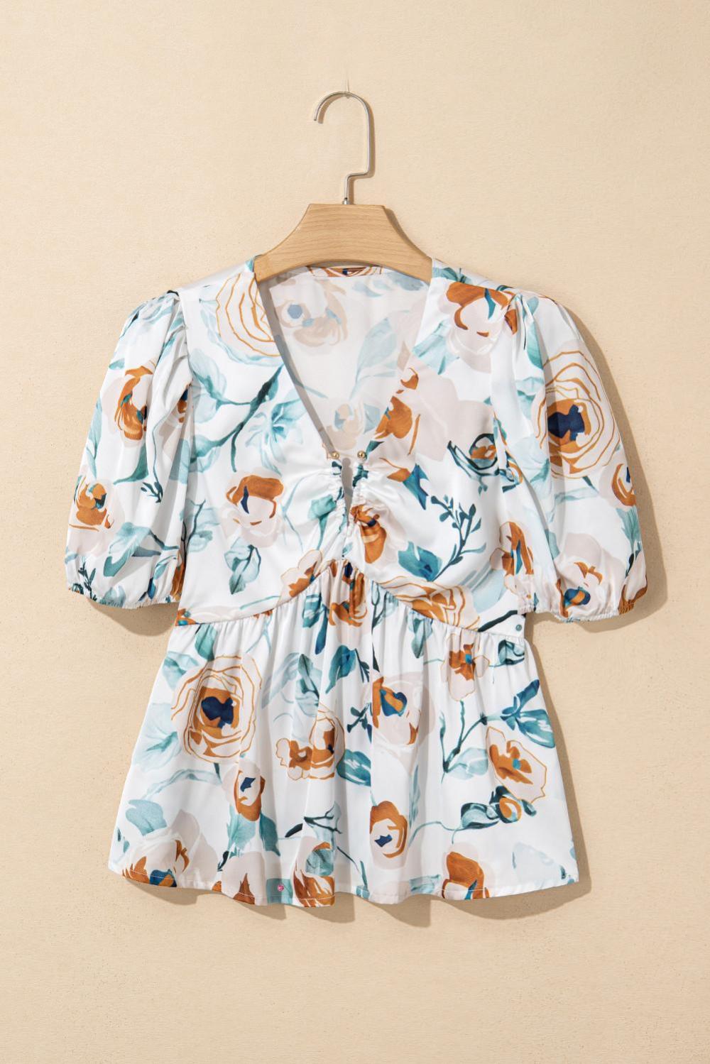 Blouses | Green Floral Print Puff Sleeve V Neck Babydoll Blouse - Women