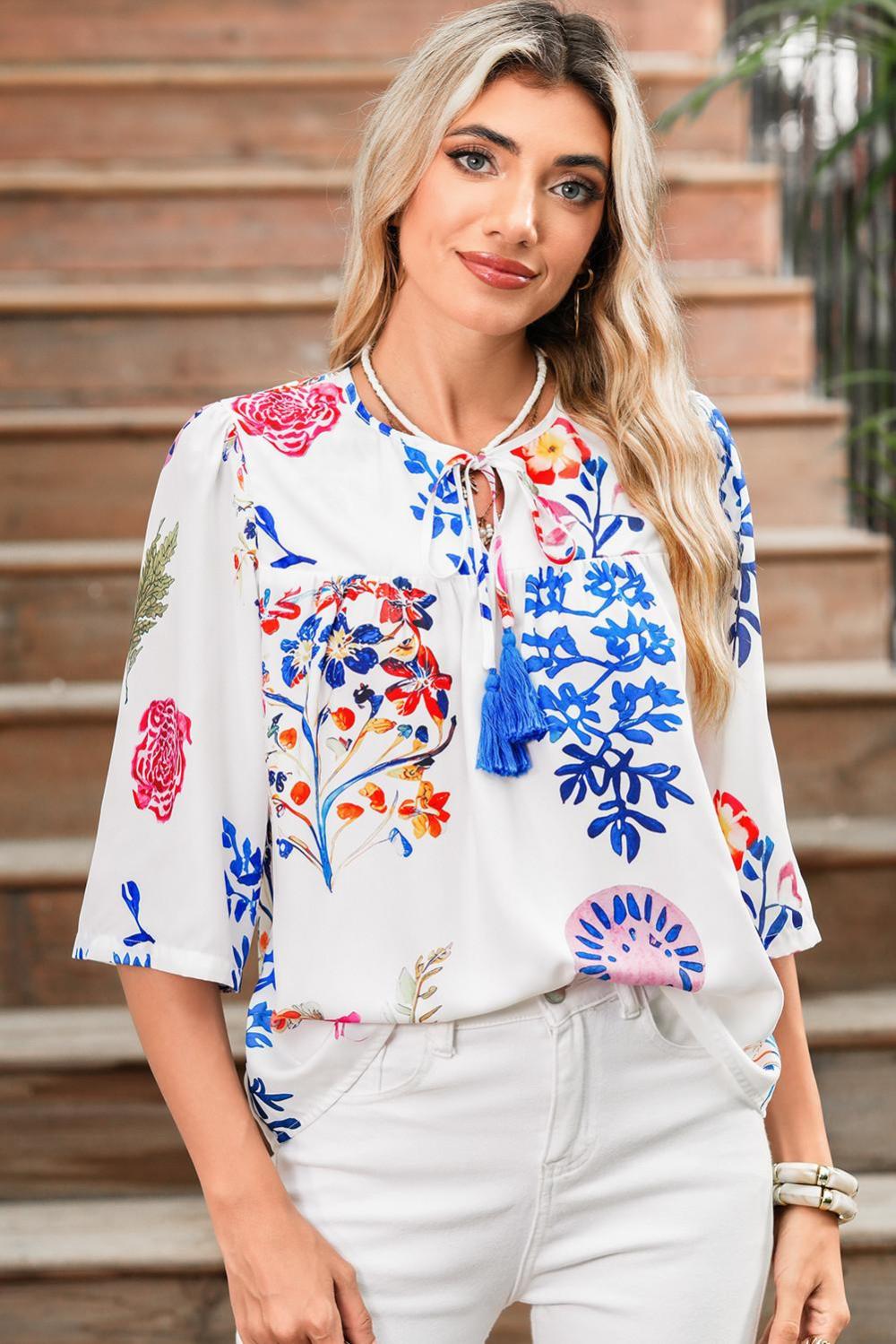 Blouses | White Boho Floral Fringe Tie V Neck Blouse - Women