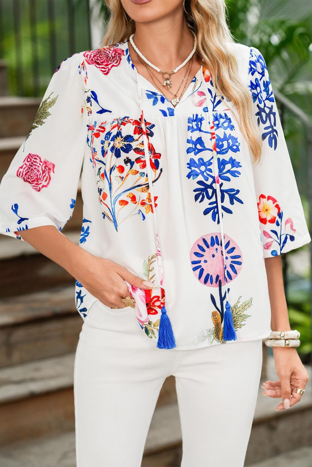 Blouses | White Boho Floral Fringe Tie V Neck Blouse - Women