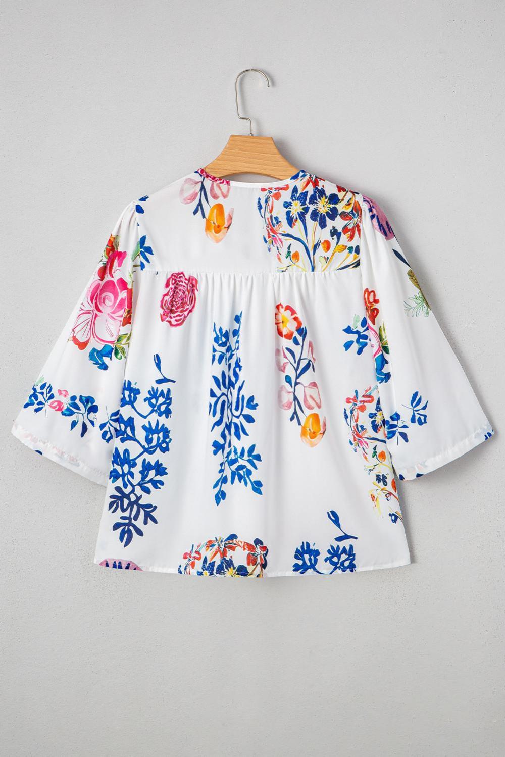 Blouses | White Boho Floral Fringe Tie V Neck Blouse - Women