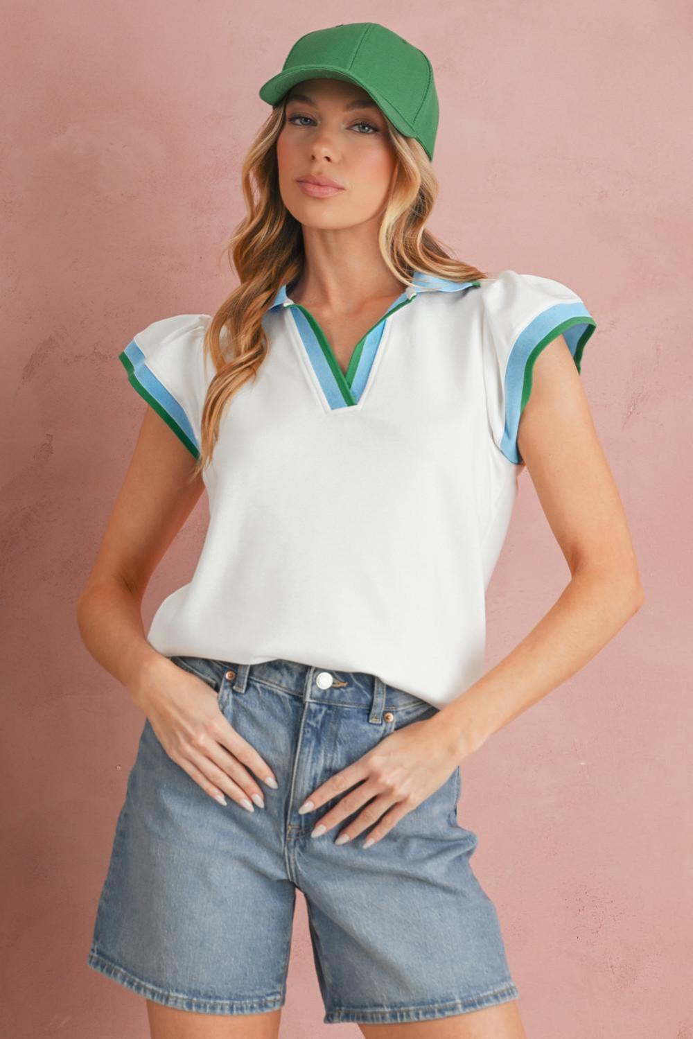 Blouses | White Pop Of Color Collared V Neck Ruffle Sleeve Blouse - Women