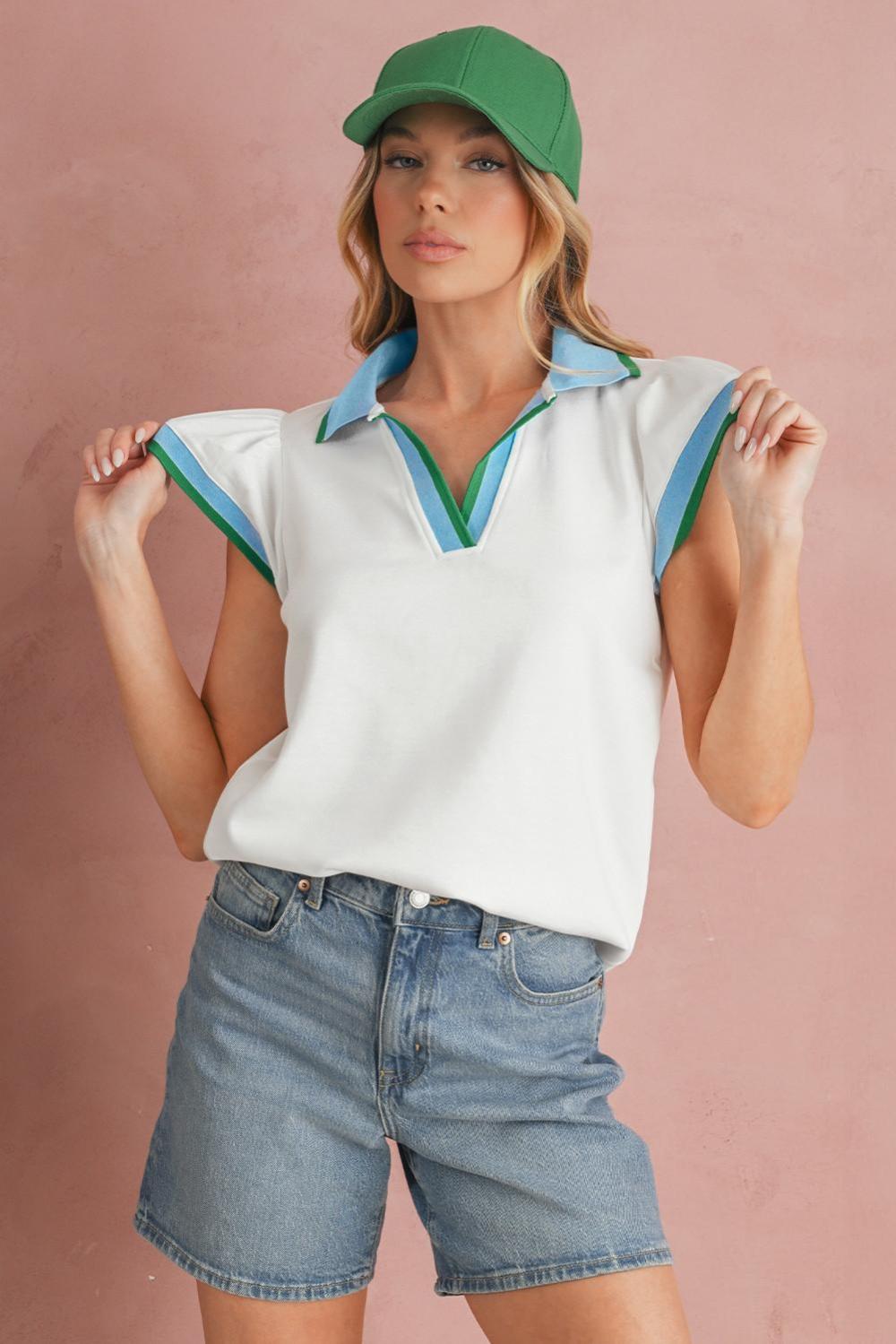 Blouses | White Pop Of Color Collared V Neck Ruffle Sleeve Blouse - Women