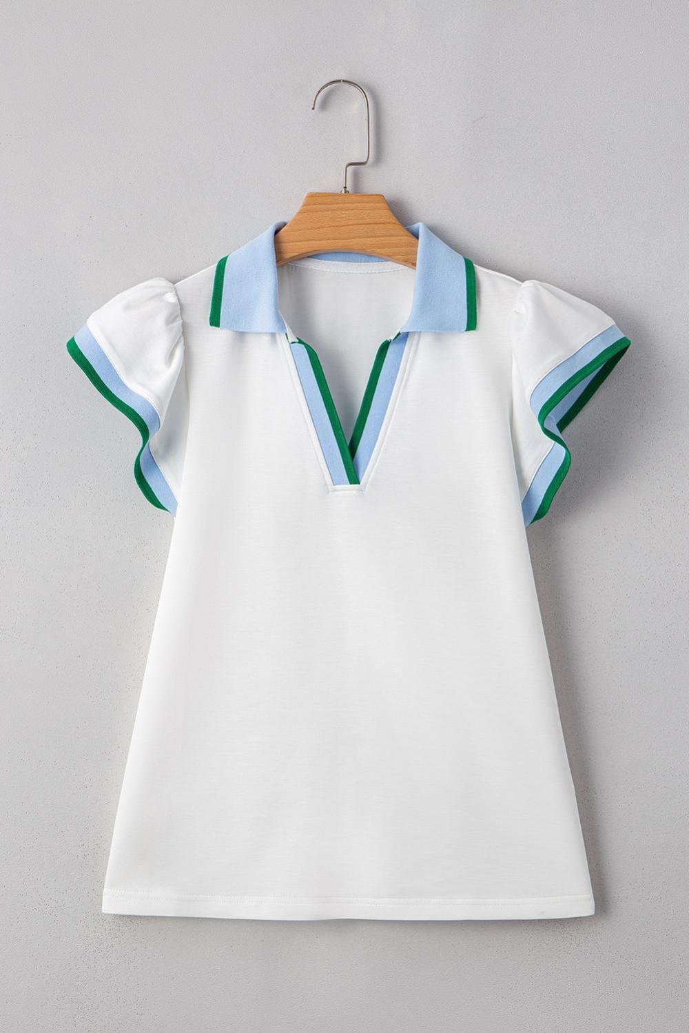 Blouses | White Pop Of Color Collared V Neck Ruffle Sleeve Blouse - Women