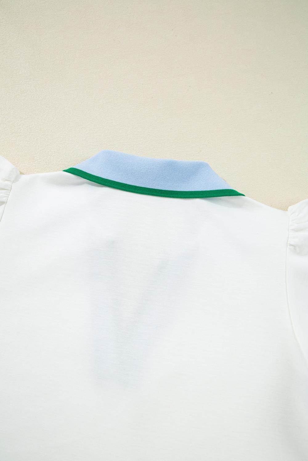 Blouses | White Pop Of Color Collared V Neck Ruffle Sleeve Blouse - Women