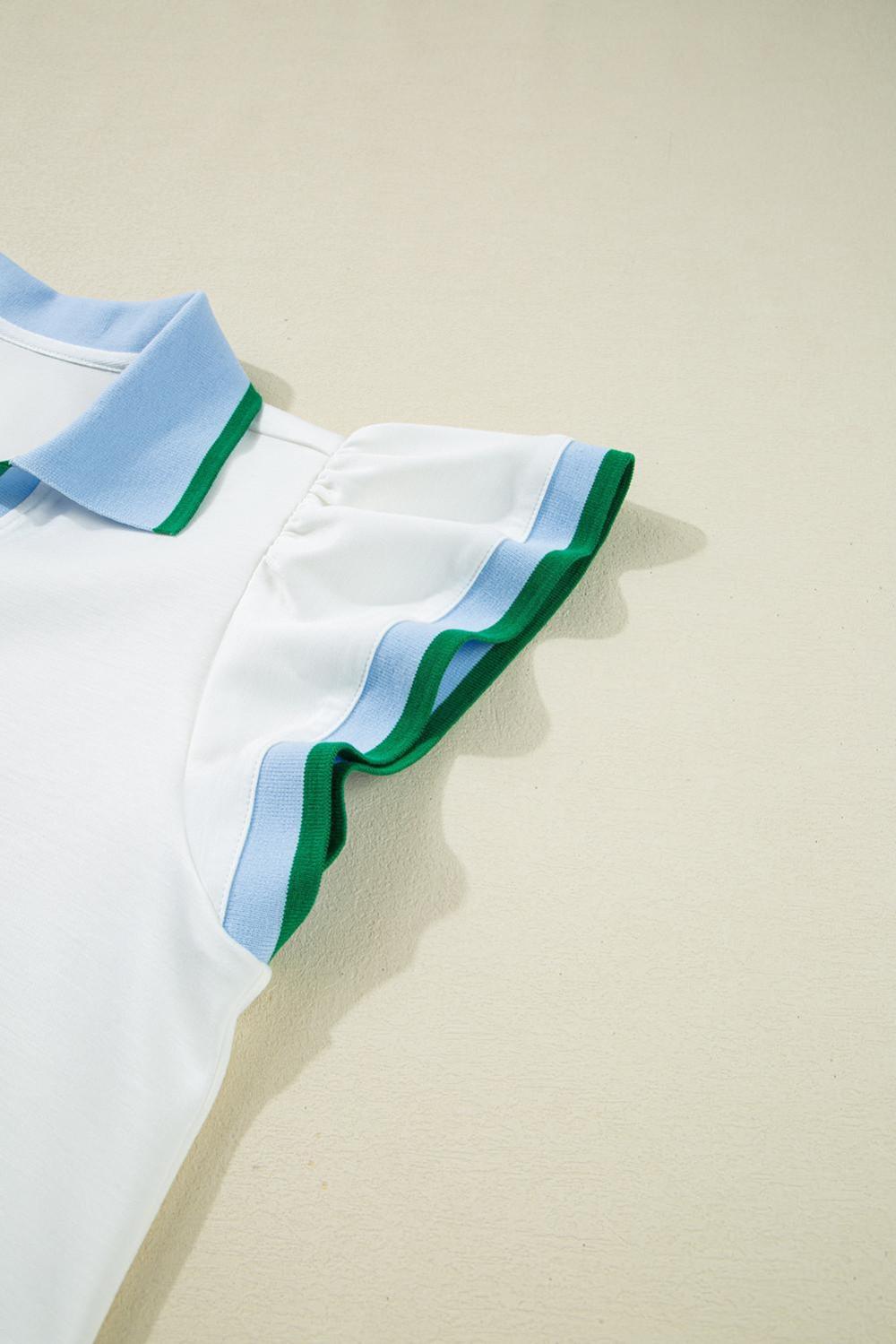 Blouses | White Pop Of Color Collared V Neck Ruffle Sleeve Blouse - Women