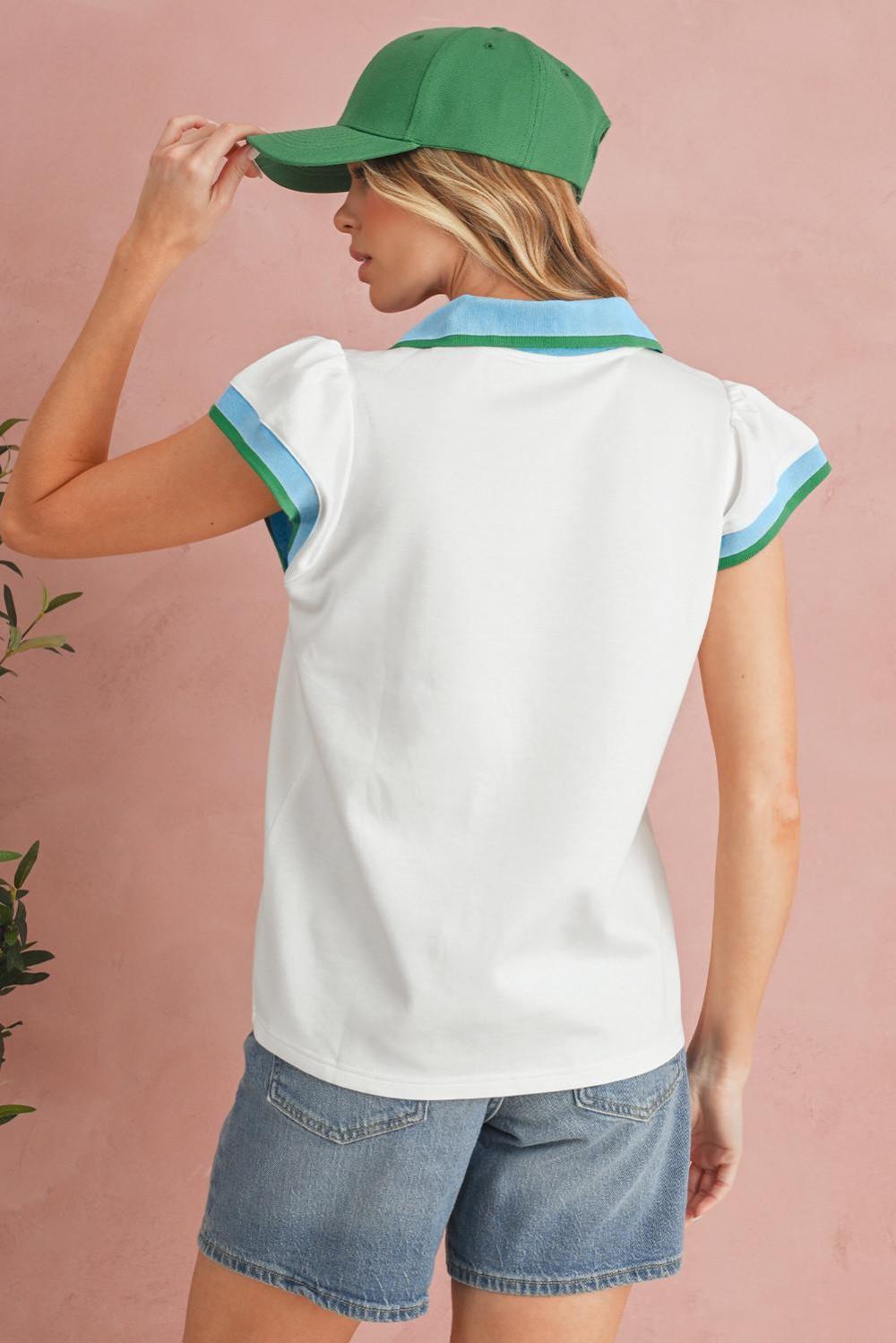 Blouses | White Pop Of Color Collared V Neck Ruffle Sleeve Blouse - Women