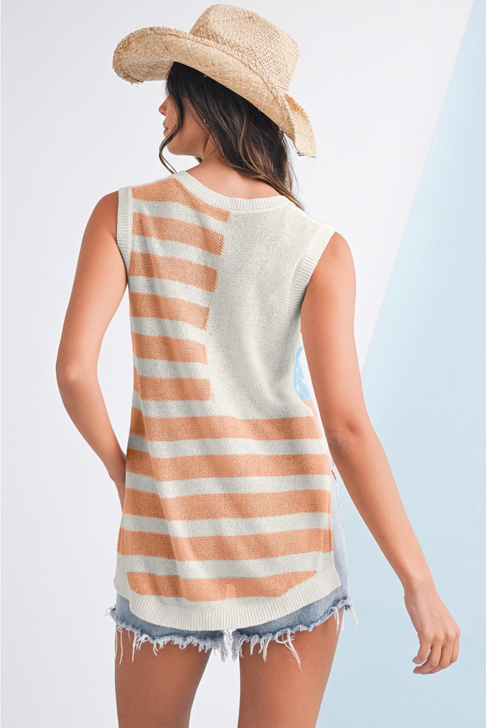 Knit Tops | Beige Usa Flag Notched Neckline Loose Knit Vest - Women