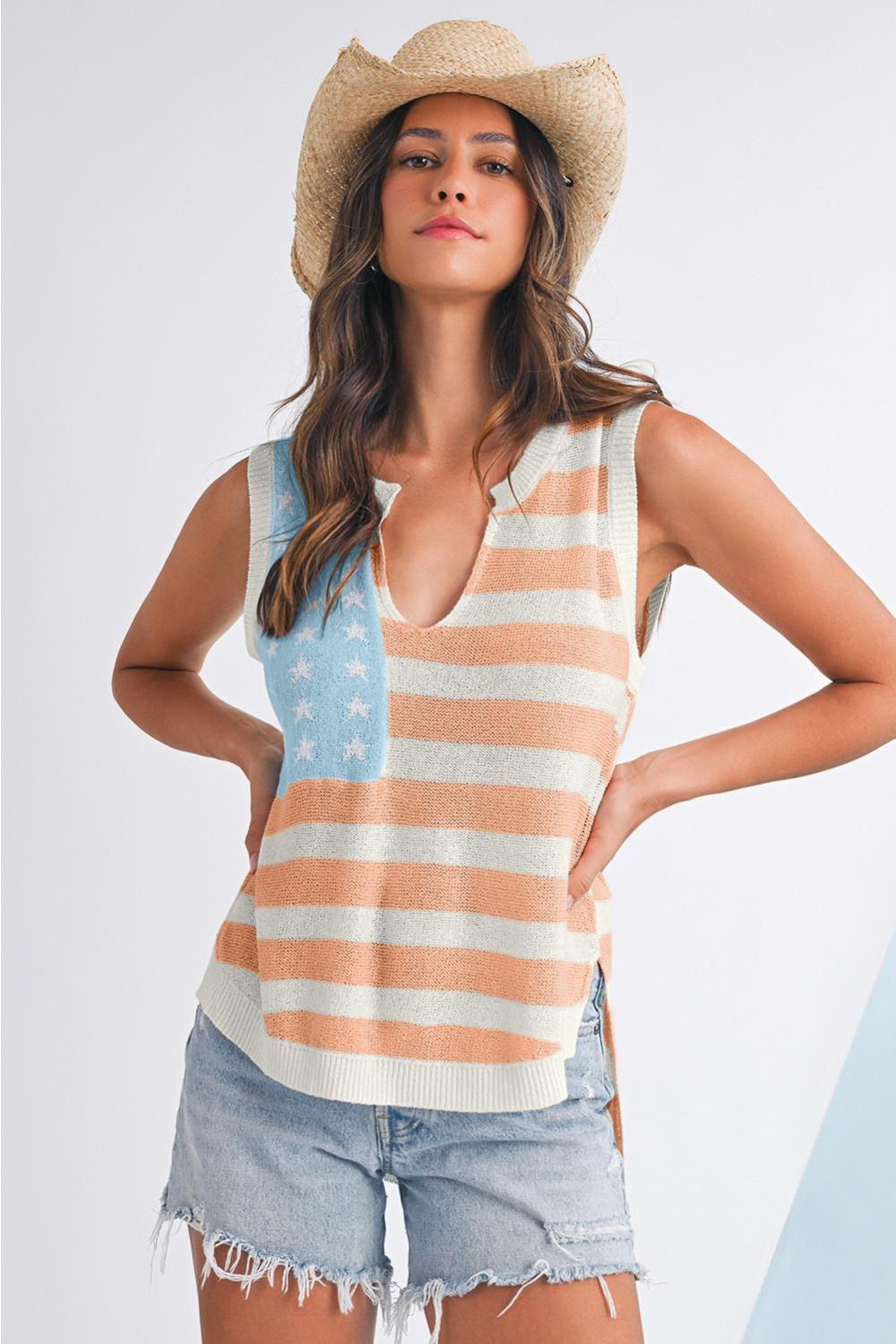 Knit Tops | Beige Usa Flag Notched Neckline Loose Knit Vest - Women