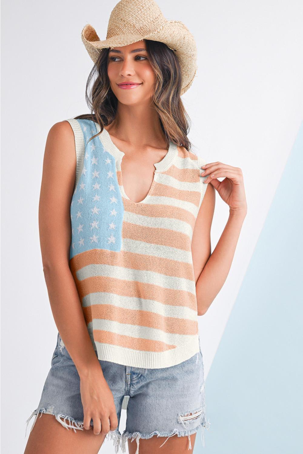 Knit Tops | Beige Usa Flag Notched Neckline Loose Knit Vest - Women