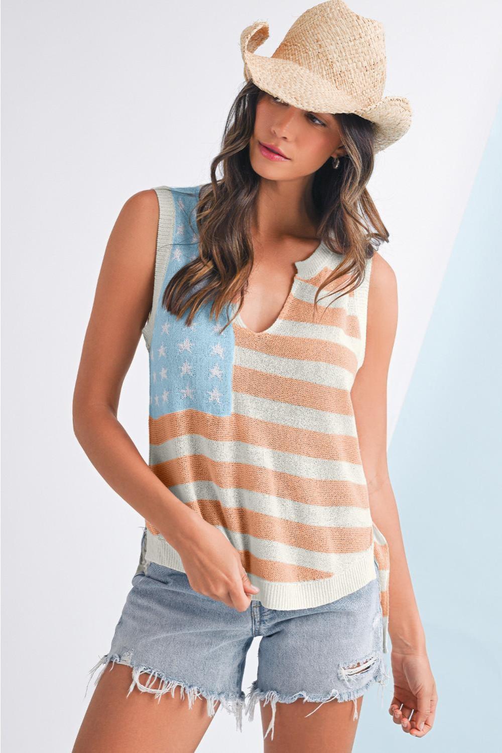 Knit Tops | Beige Usa Flag Notched Neckline Loose Knit Vest - Women