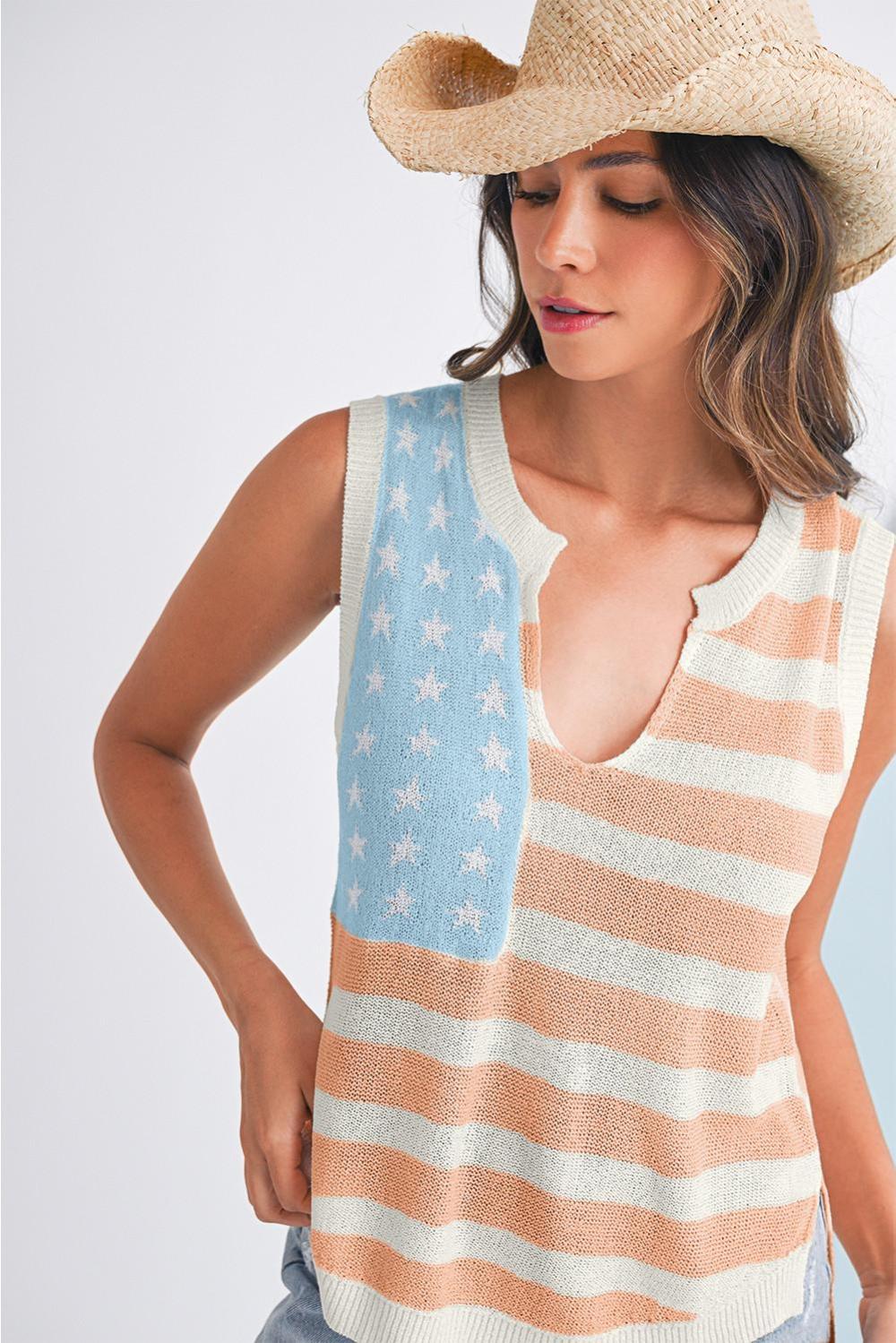 Knit Tops | Beige Usa Flag Notched Neckline Loose Knit Vest - Women