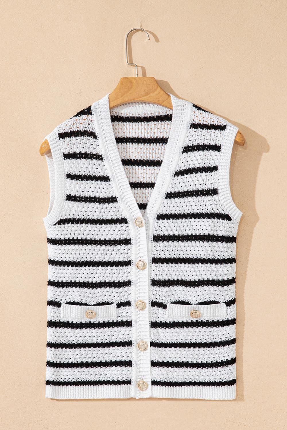 Knit Tops | Black Striped V Neck Button Knit Vest - Women