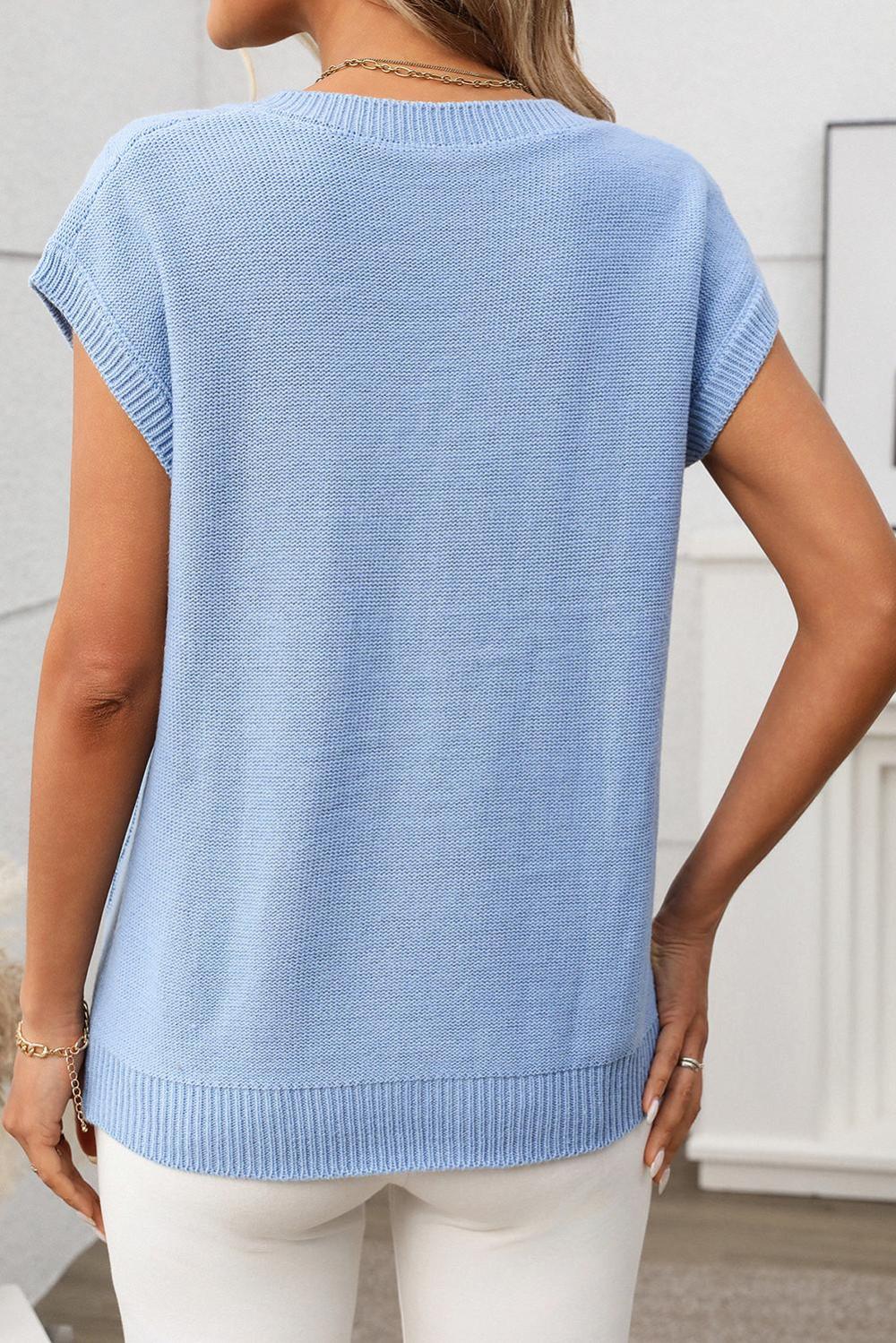 Knit Tops | Sky Blue Solid Color V-Neck Twisted Knit Top - Women