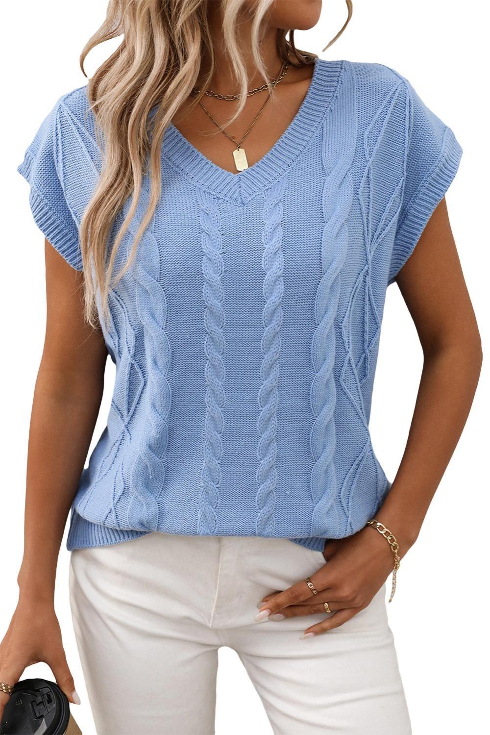 Knit Tops | Sky Blue Solid Color V-Neck Twisted Knit Top - Women