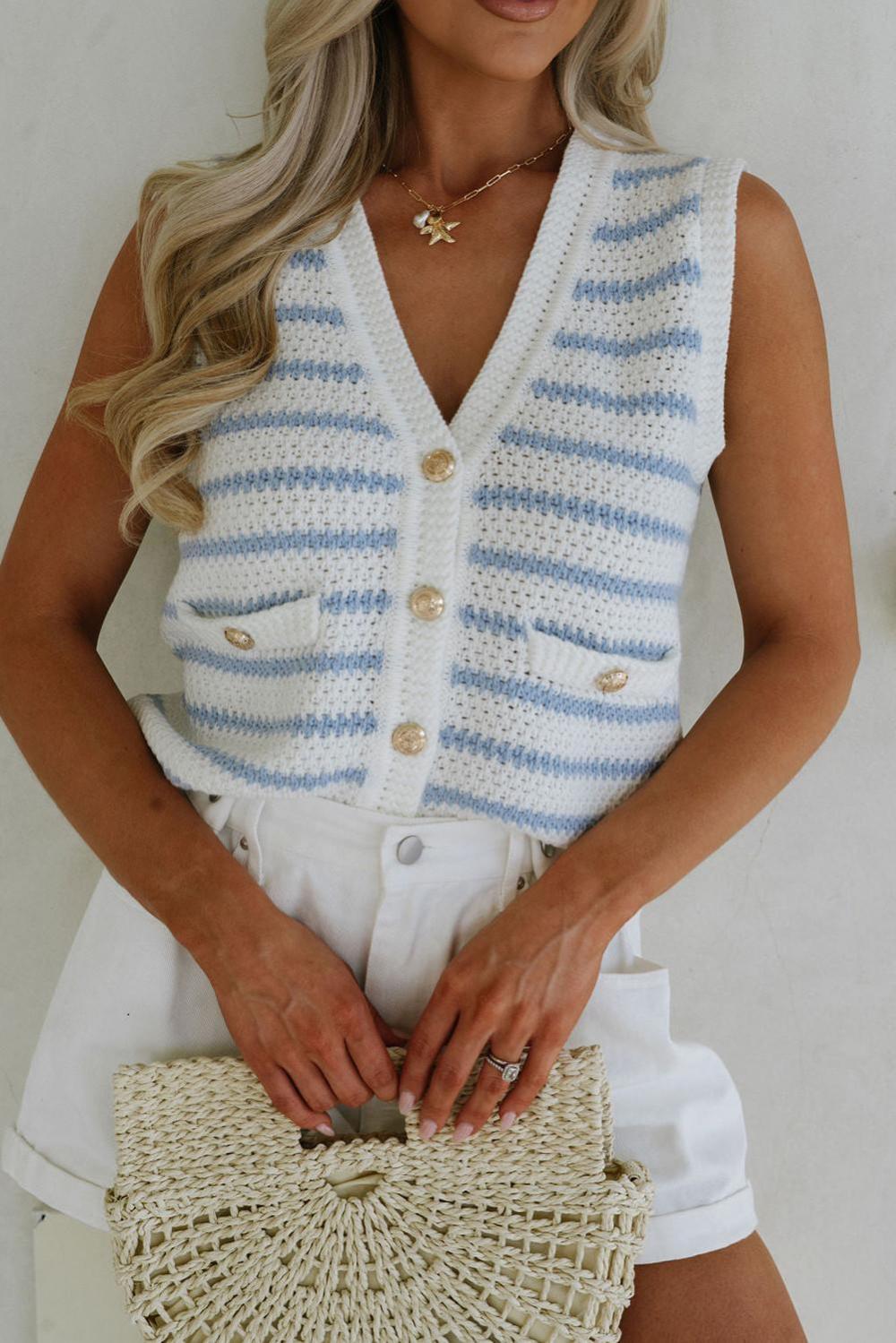 Knit Tops | Sky Blue Striped V Neck Button Knit Vest - Women
