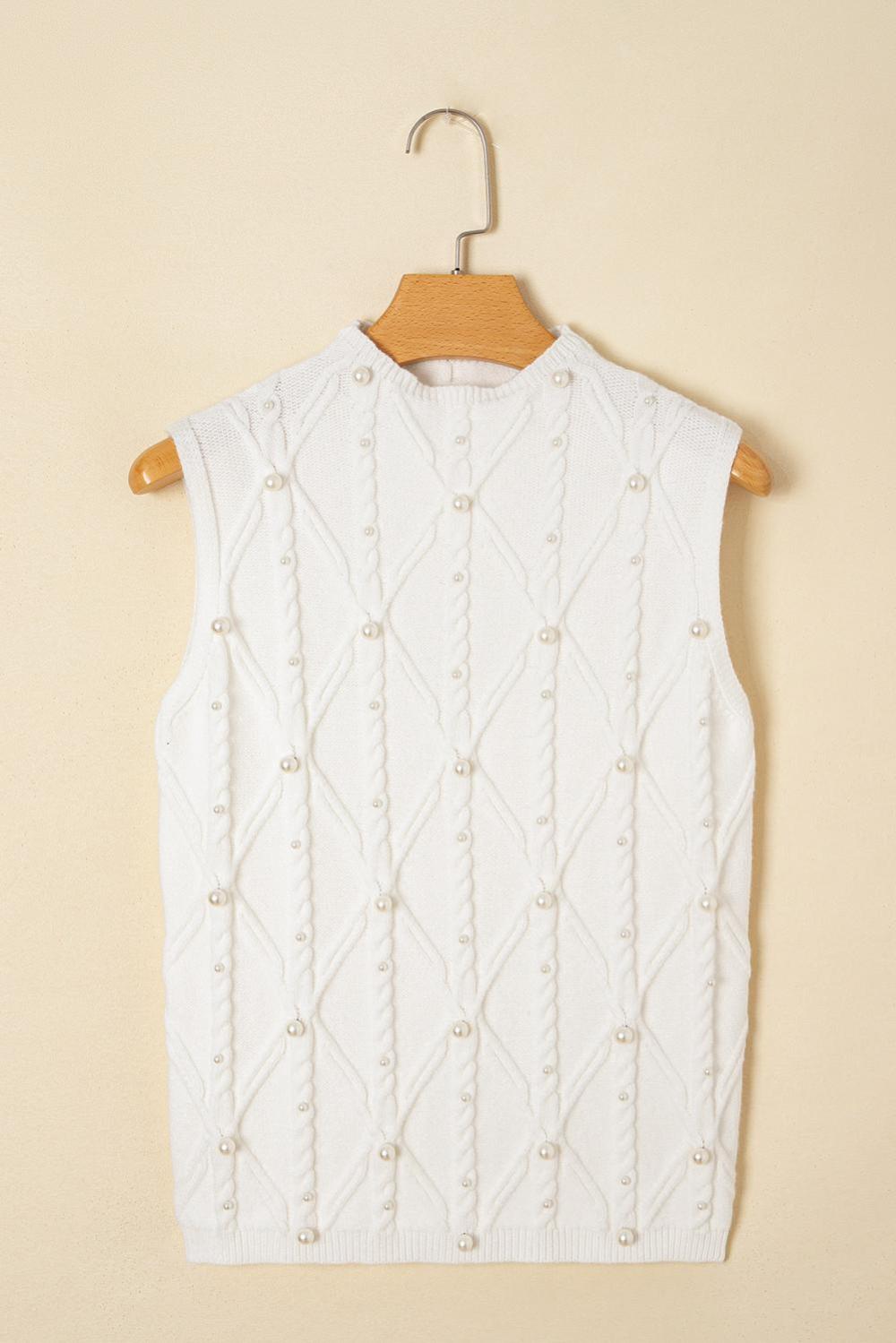 Knit Tops | White Pearl High Neck Textured Knit Sweater Vest - Women