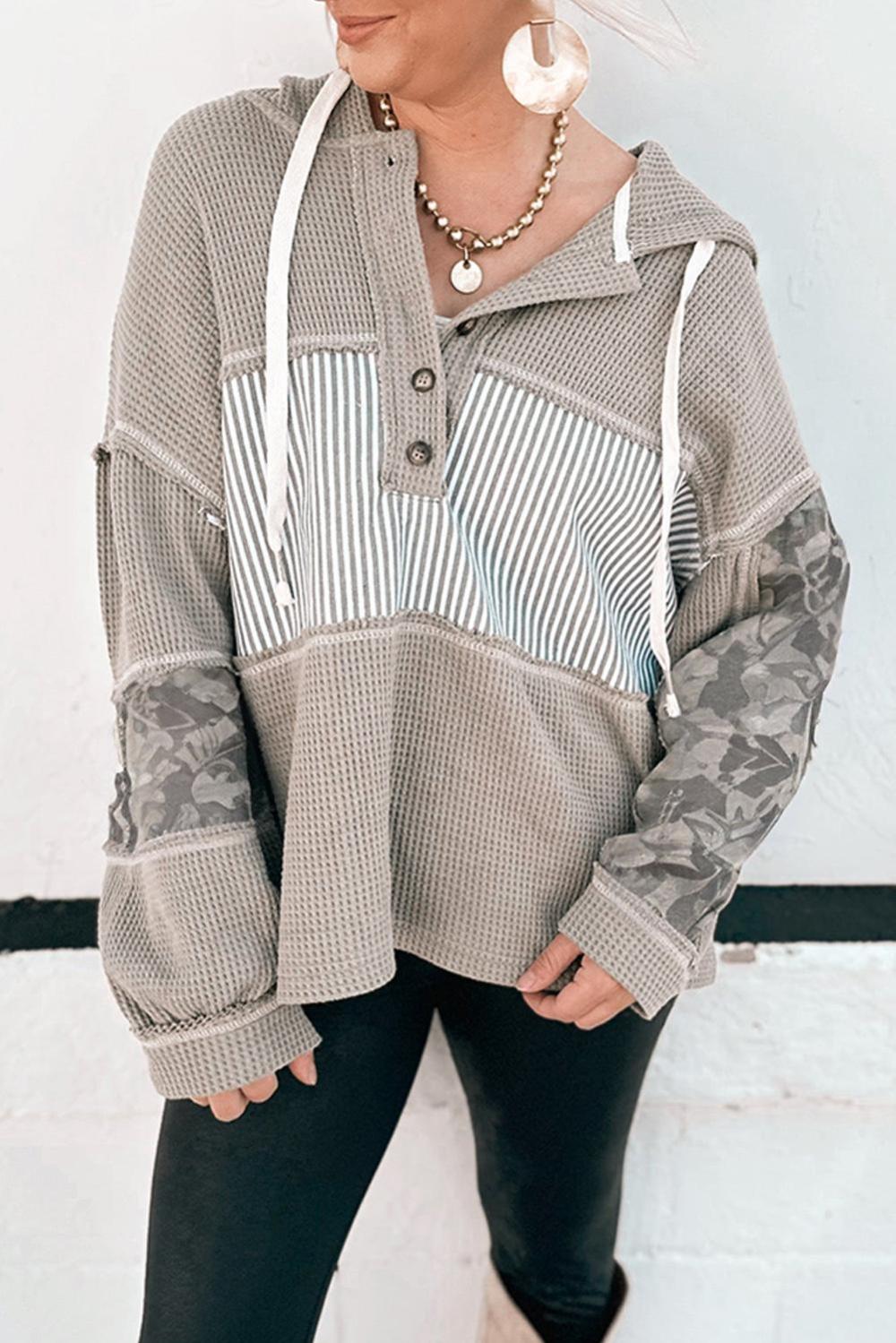 Long Sleeve Tops | Gray Waffle Patchwork Drawstring Hooded Long Sleeve Top - Women
