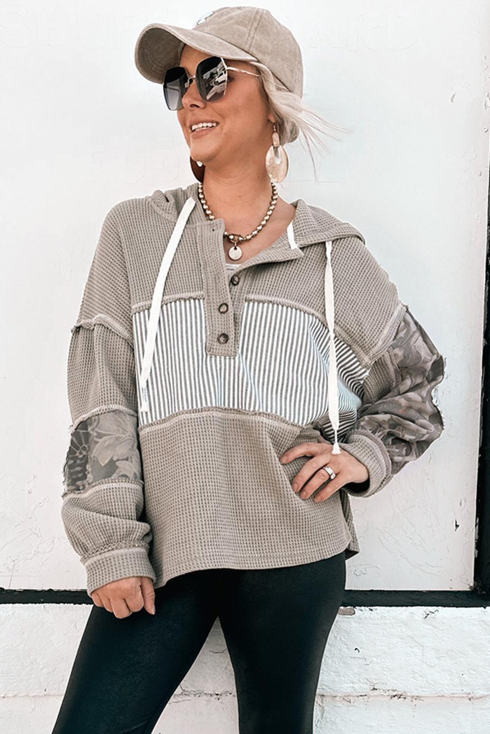 Long Sleeve Tops | Gray Waffle Patchwork Drawstring Hooded Long Sleeve Top - Women