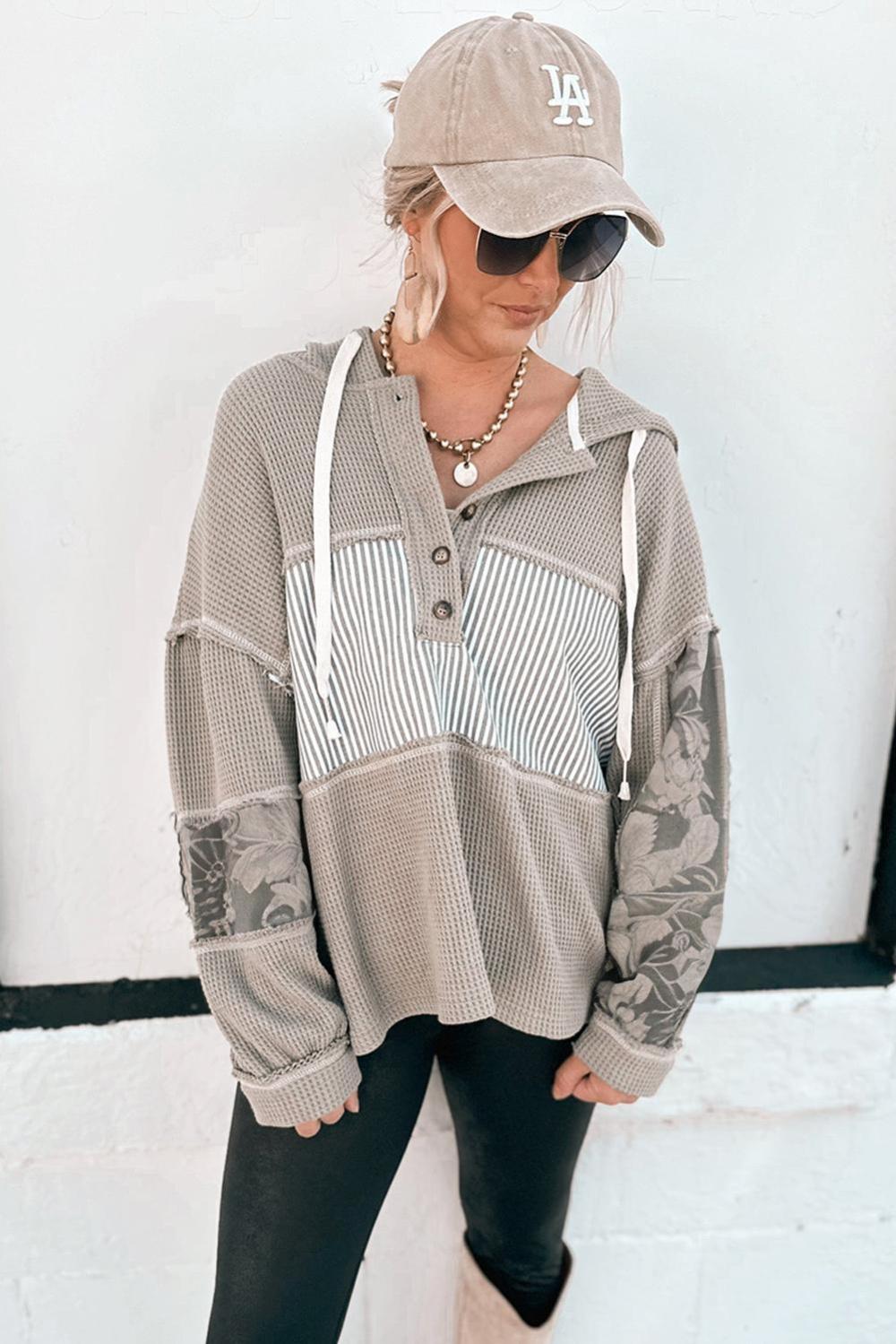 Long Sleeve Tops | Gray Waffle Patchwork Drawstring Hooded Long Sleeve Top - Women