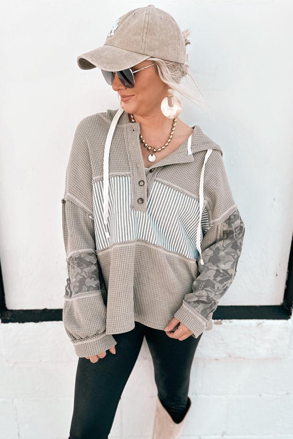 Long Sleeve Tops | Gray Waffle Patchwork Drawstring Hooded Long Sleeve Top - Women
