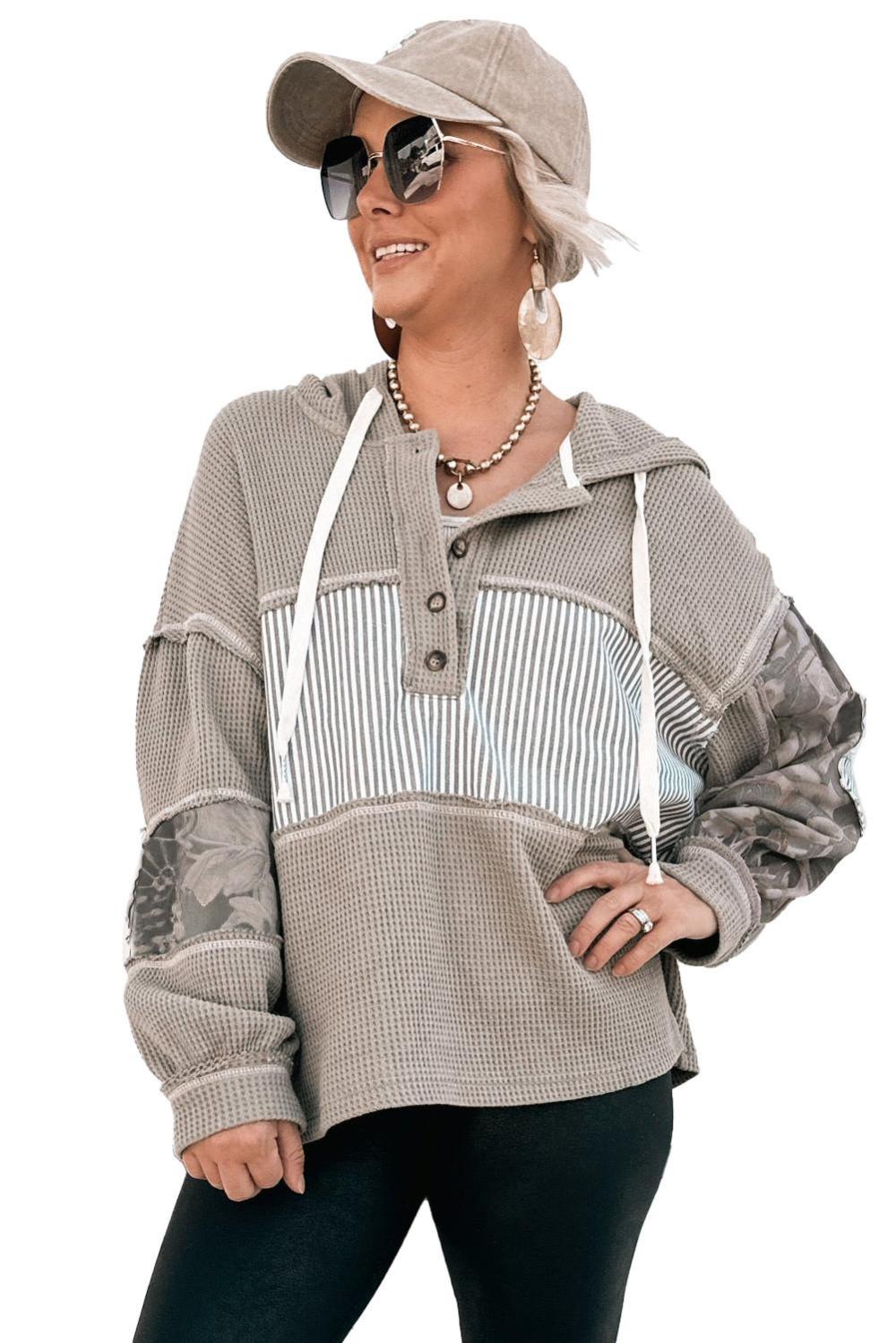 Long Sleeve Tops | Gray Waffle Patchwork Drawstring Hooded Long Sleeve Top - Women