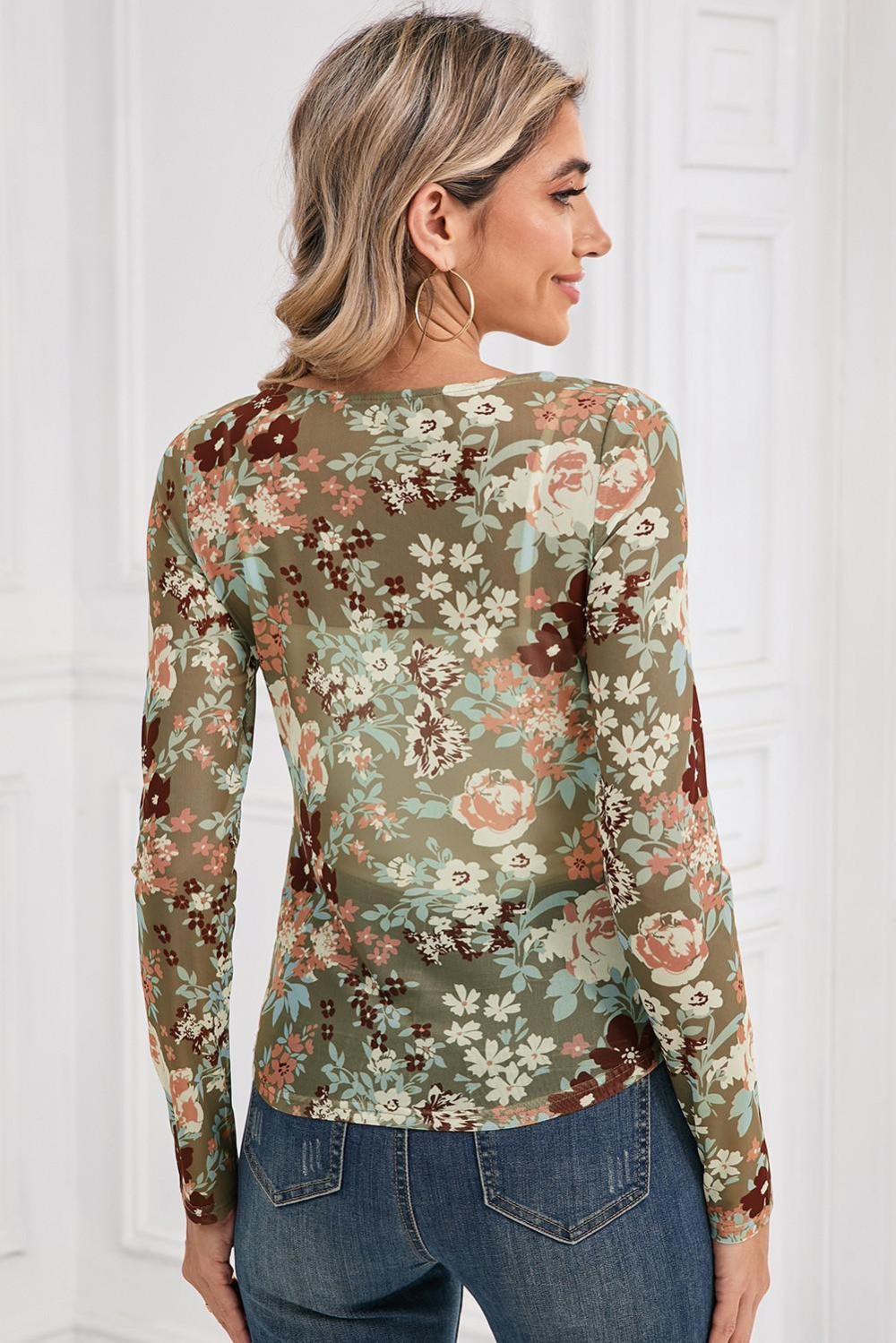 Long Sleeve Tops | Green Floral Print Mesh Long Sleeve Top - Women