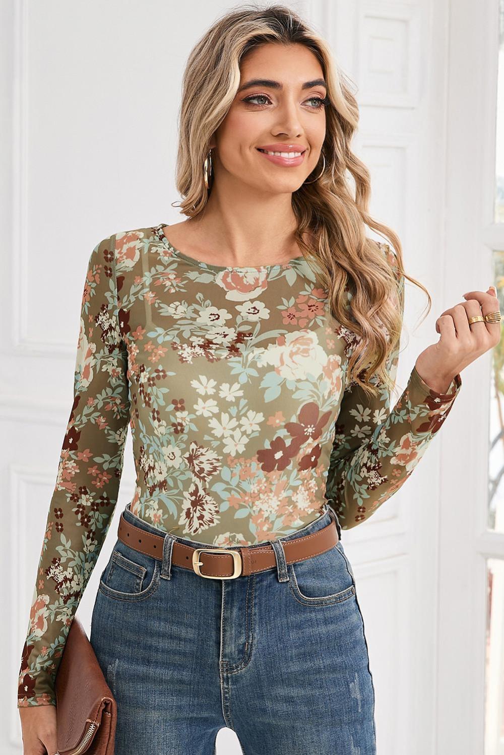 Long Sleeve Tops | Green Floral Print Mesh Long Sleeve Top - Women