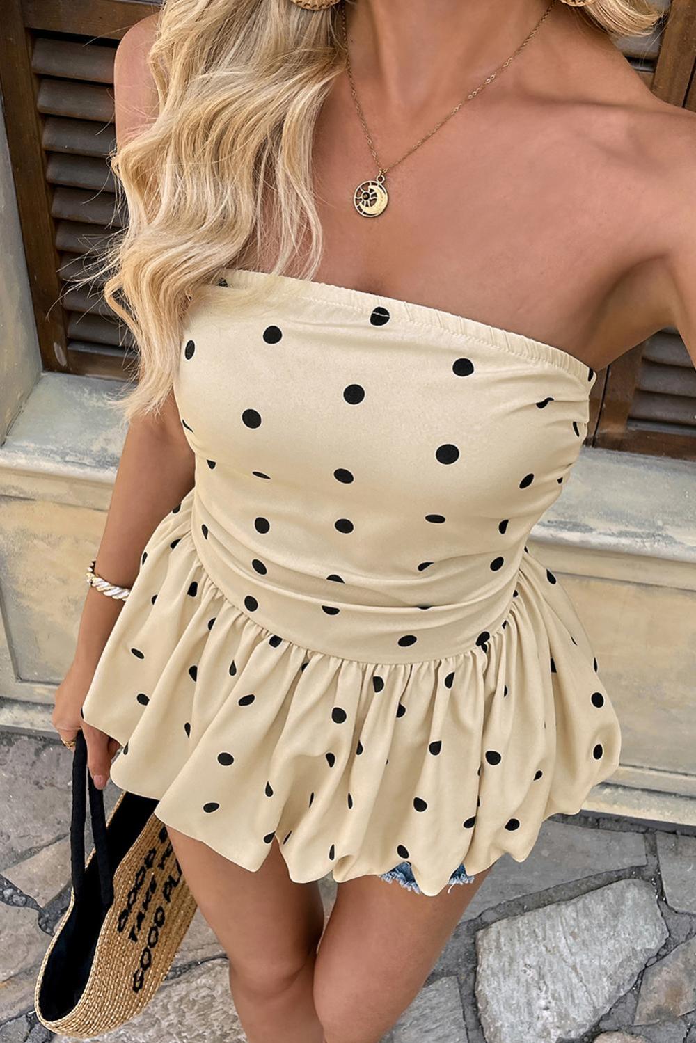 Sleeveless Tops | Beige Polka Dot Bubble Hem Tube Top - Women
