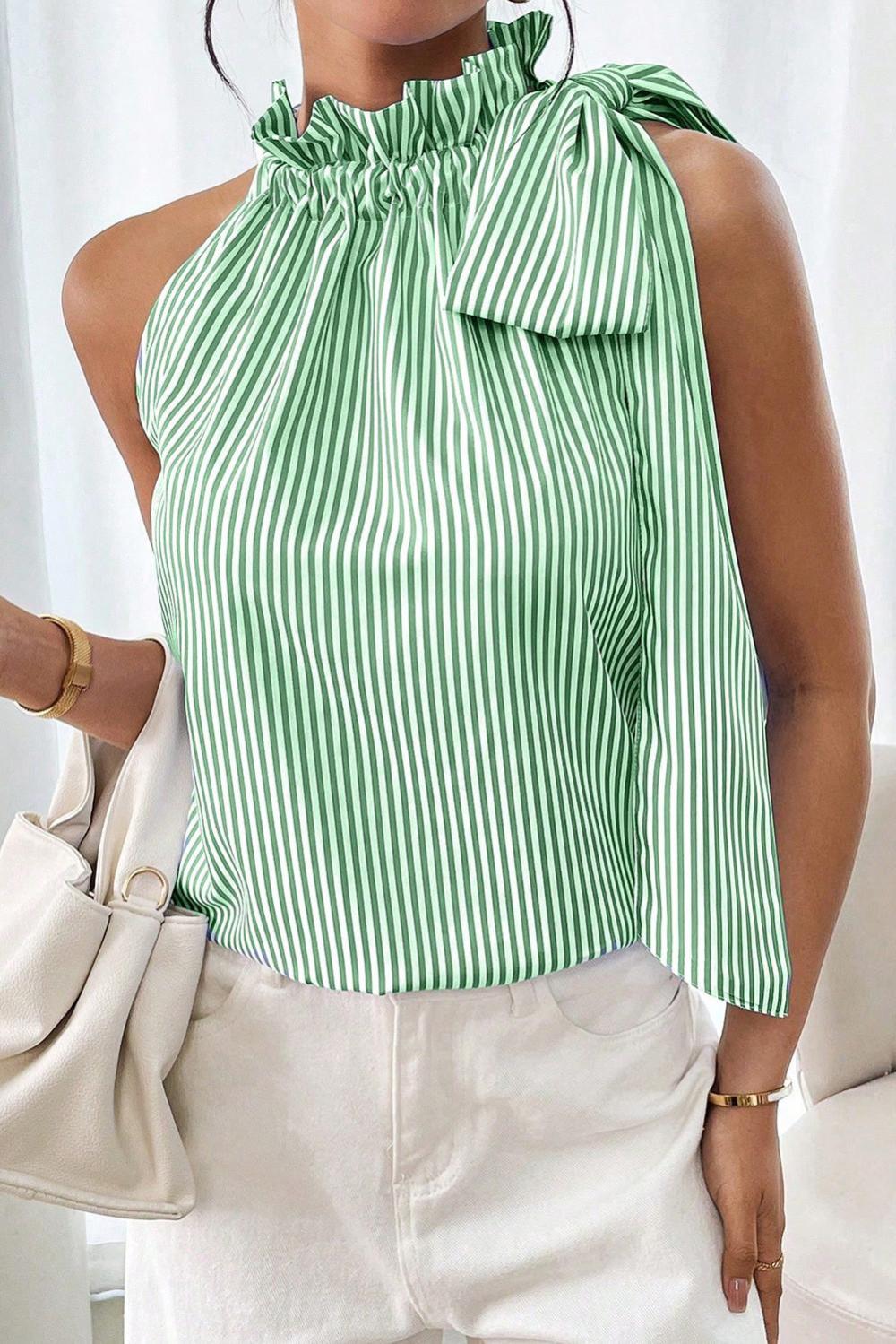 Sleeveless Tops | Green Striped Frill Neck Tie Knot Sleeveless Top - Women