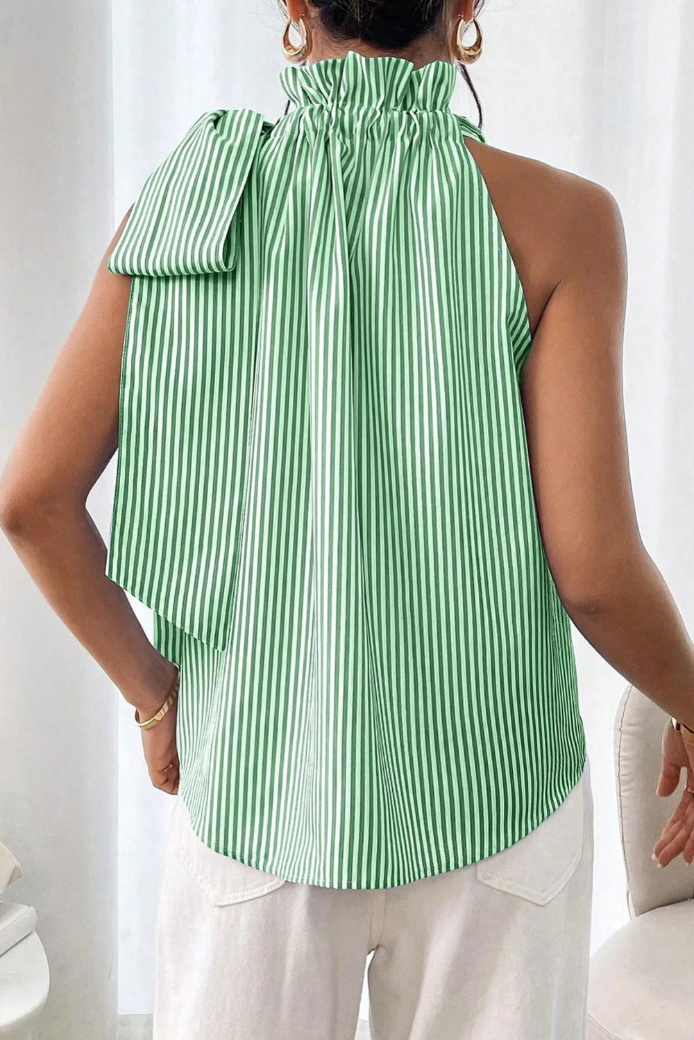 Sleeveless Tops | Green Striped Frill Neck Tie Knot Sleeveless Top - Women