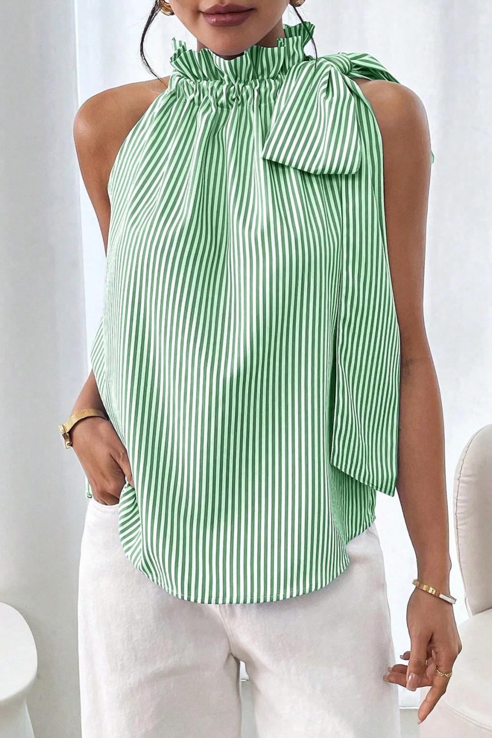 Sleeveless Tops | Green Striped Frill Neck Tie Knot Sleeveless Top - Women