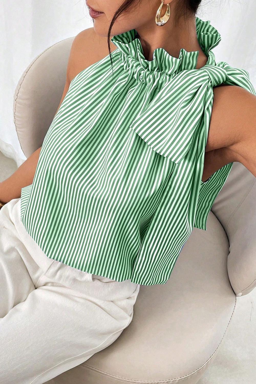 Sleeveless Tops | Green Striped Frill Neck Tie Knot Sleeveless Top - Women