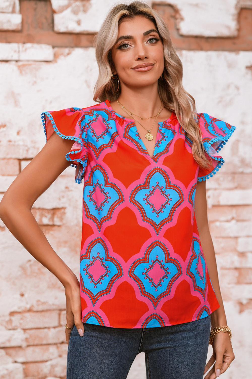 Sleeveless Tops | Red Random Abstract Print V Neck Ruffle Shoulder Blouse - Women