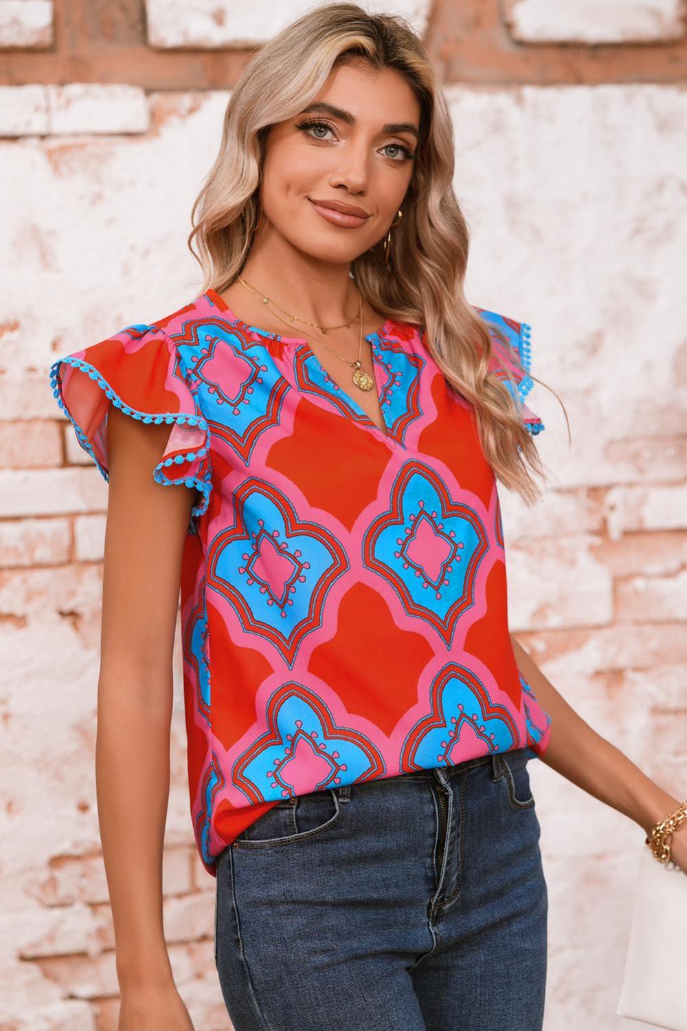 Sleeveless Tops | Red Random Abstract Print V Neck Ruffle Shoulder Blouse - Women