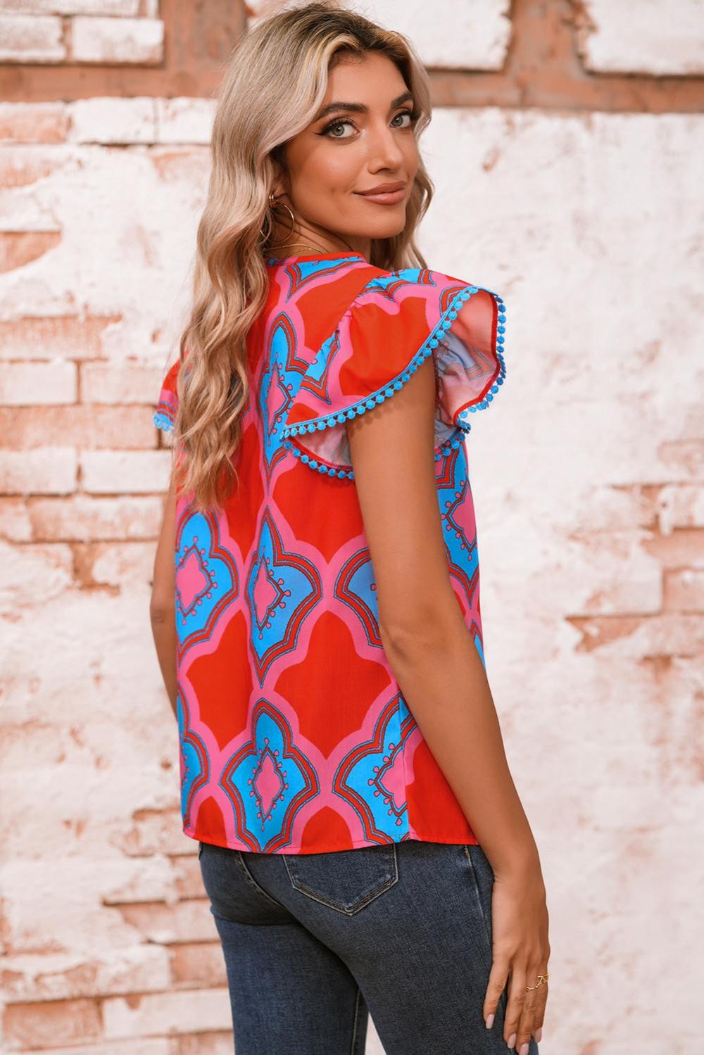 Sleeveless Tops | Red Random Abstract Print V Neck Ruffle Shoulder Blouse - Women