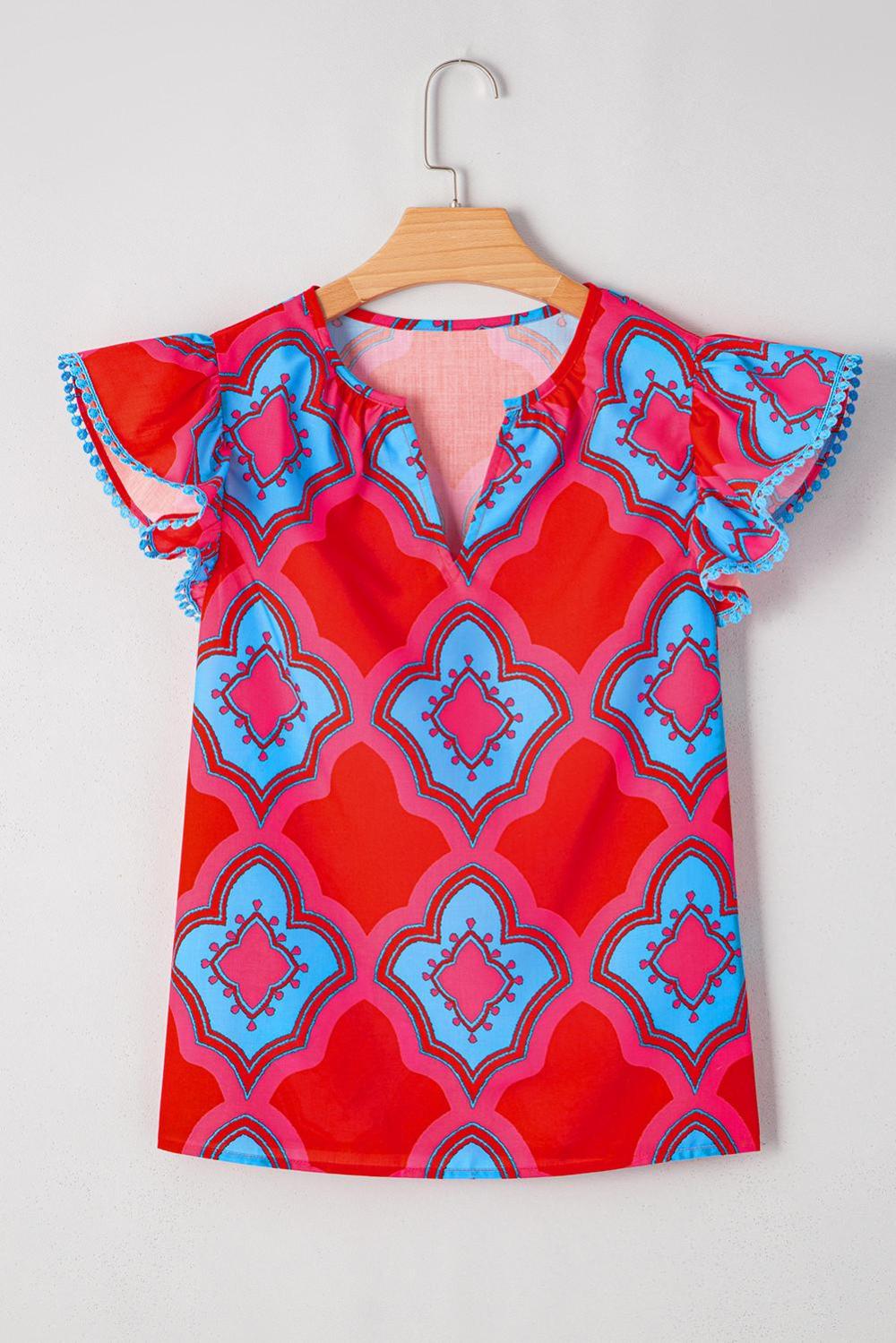 Sleeveless Tops | Red Random Abstract Print V Neck Ruffle Shoulder Blouse - Women