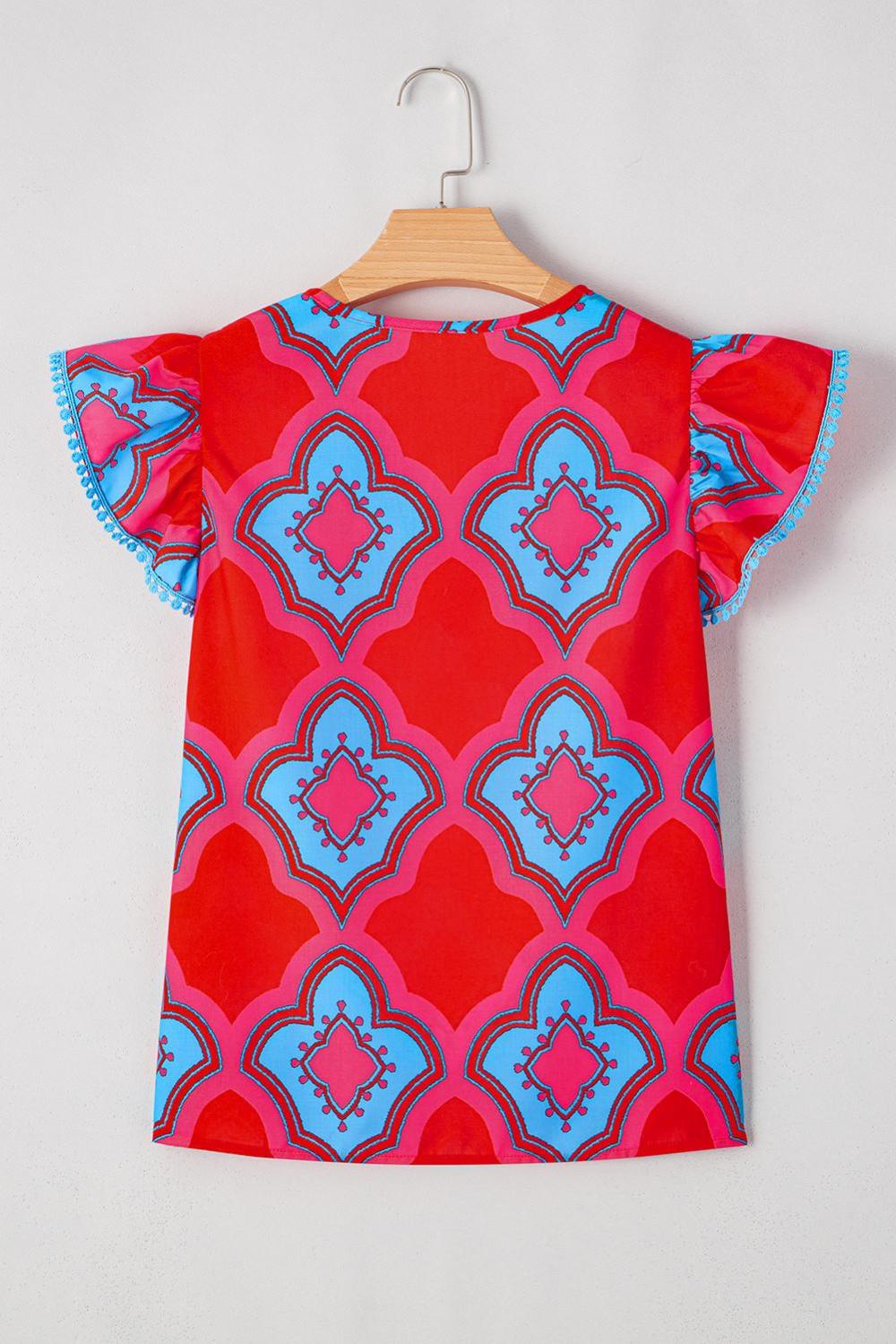Sleeveless Tops | Red Random Abstract Print V Neck Ruffle Shoulder Blouse - Women