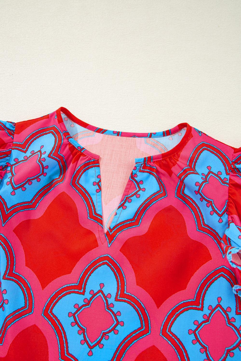 Sleeveless Tops | Red Random Abstract Print V Neck Ruffle Shoulder Blouse - Women