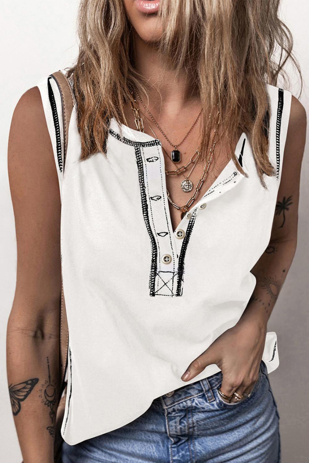 Sleeveless Tops | White Stitching Seam Henley Tank Top - Women