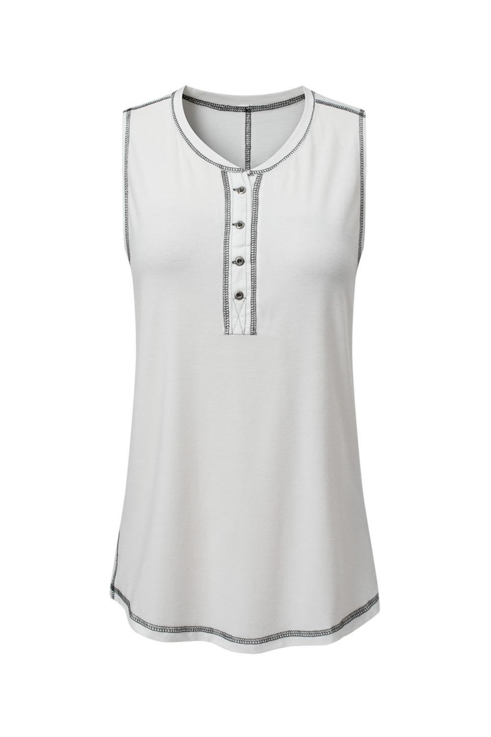 Sleeveless Tops | White Stitching Seam Henley Tank Top - Women