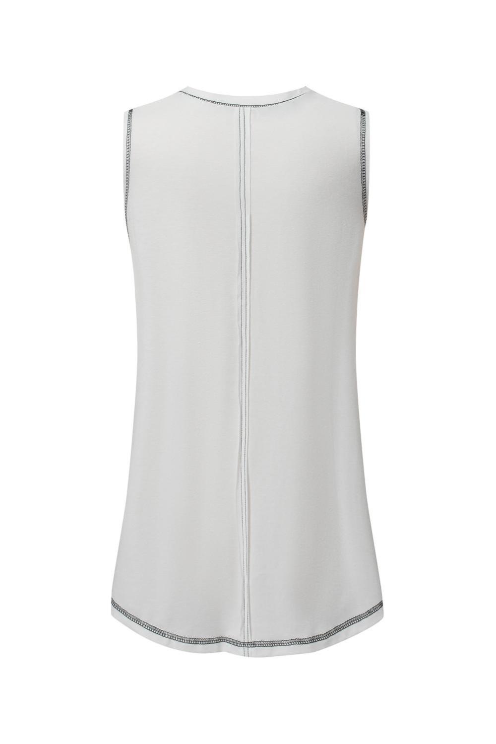 Sleeveless Tops | White Stitching Seam Henley Tank Top - Women