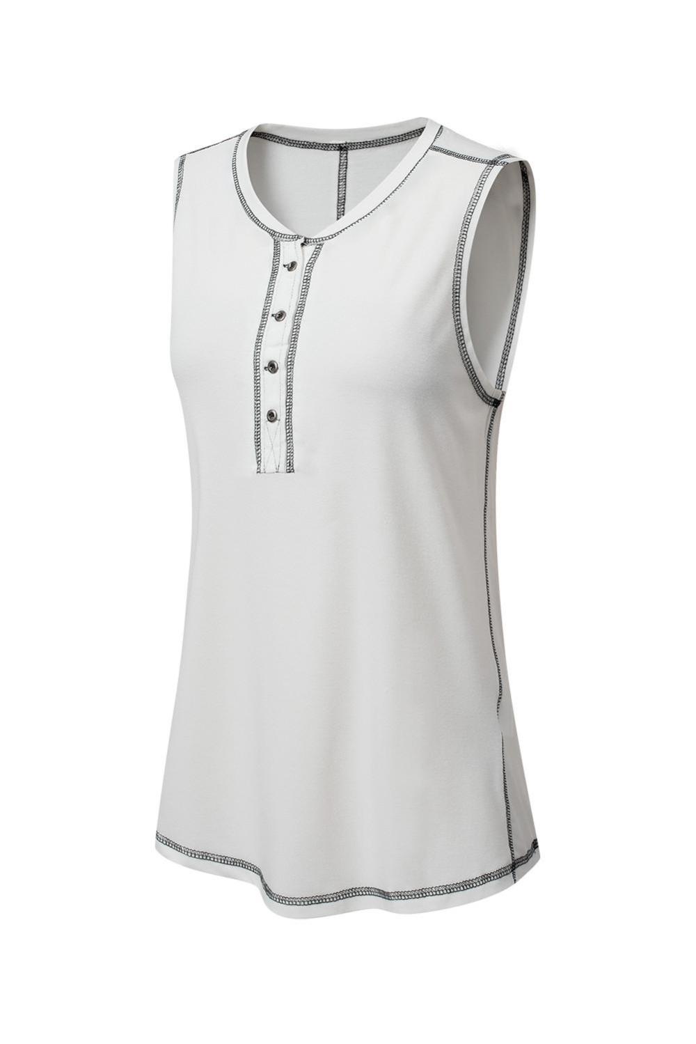 Sleeveless Tops | White Stitching Seam Henley Tank Top - Women