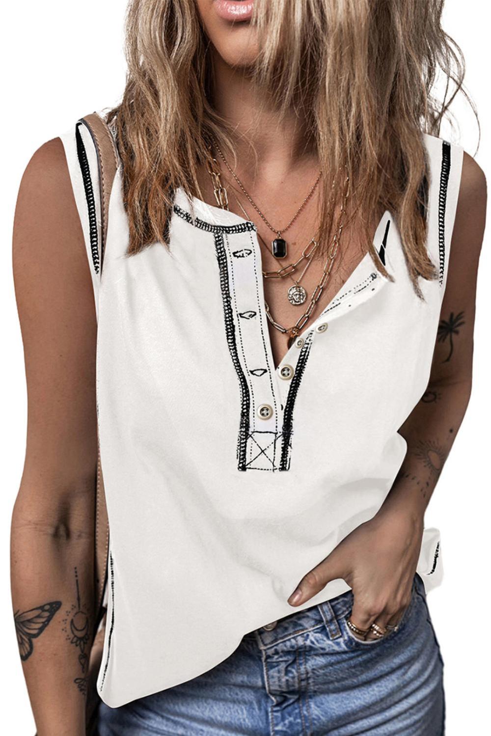 Sleeveless Tops | White Stitching Seam Henley Tank Top - Women