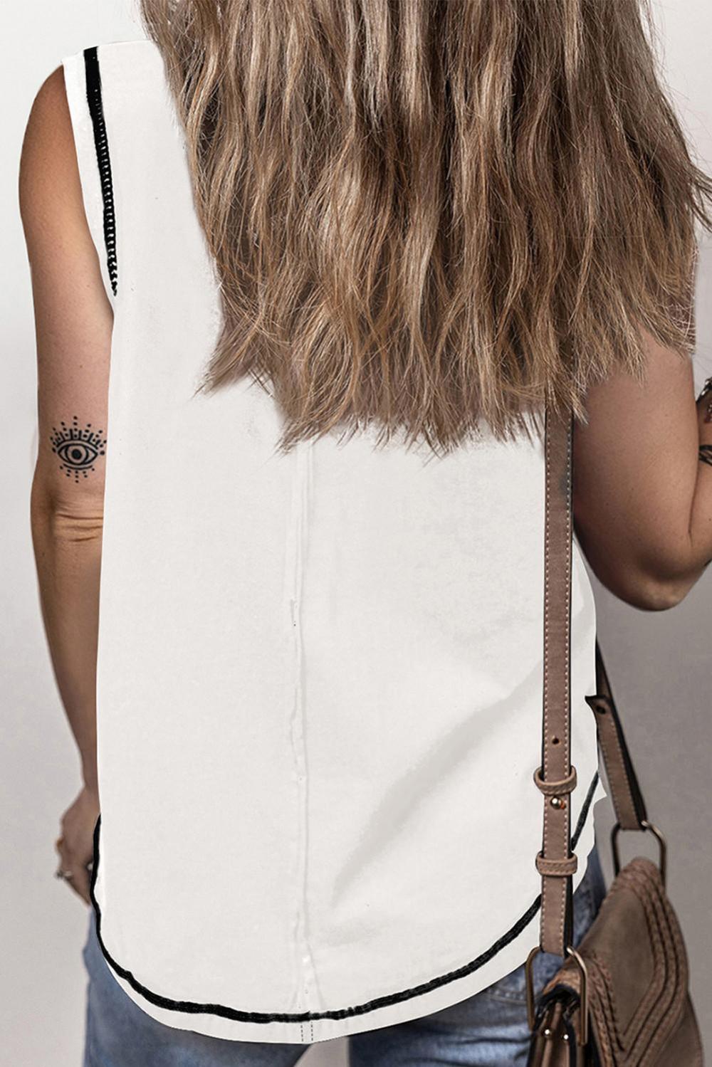 Sleeveless Tops | White Stitching Seam Henley Tank Top - Women