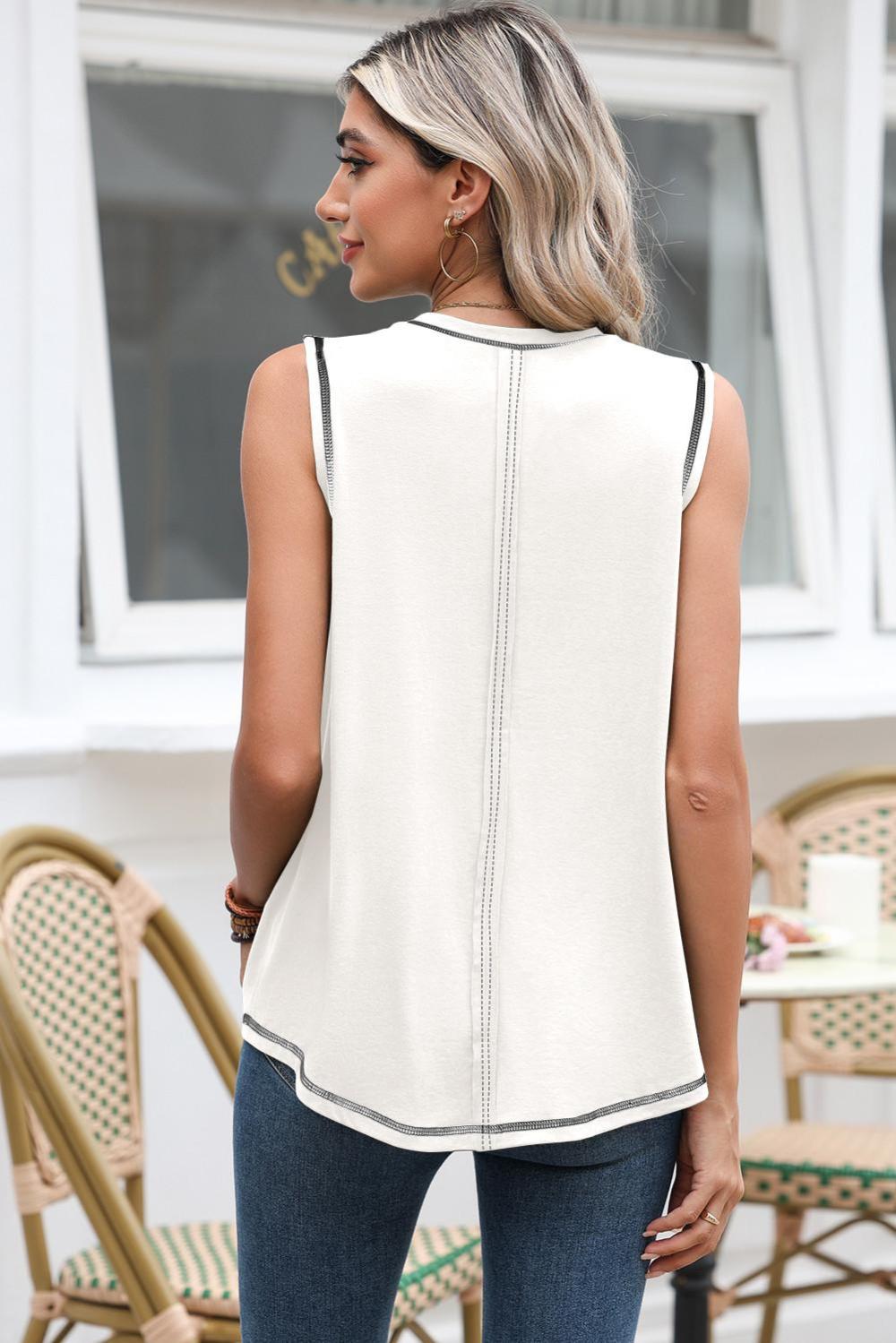Sleeveless Tops | White Stitching Seam Henley Tank Top - Women
