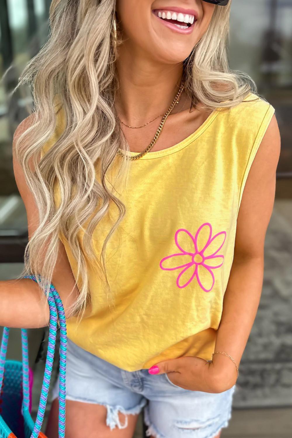 Sleeveless Tops | Yellow Cream Flower Graphic Summer Tank Top - Women
