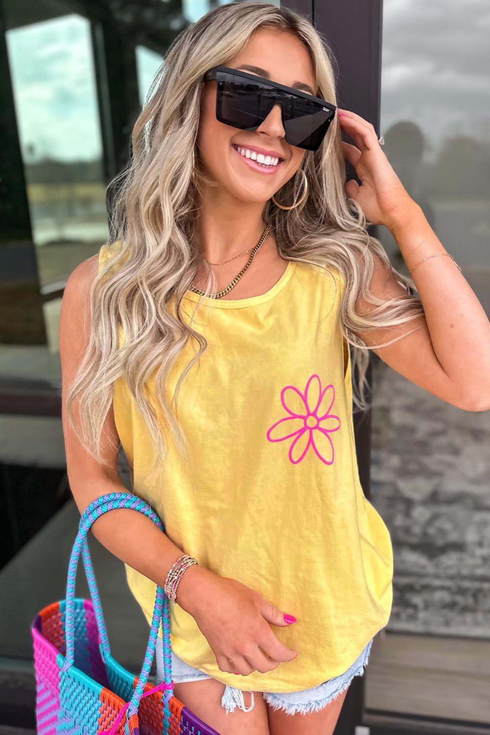 Sleeveless Tops | Yellow Cream Flower Graphic Summer Tank Top - Women