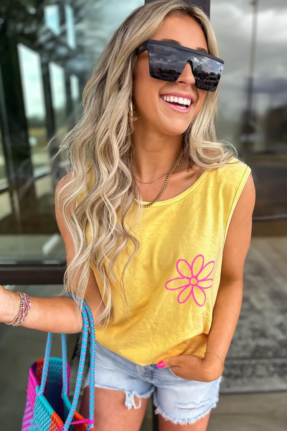 Sleeveless Tops | Yellow Cream Flower Graphic Summer Tank Top - Women