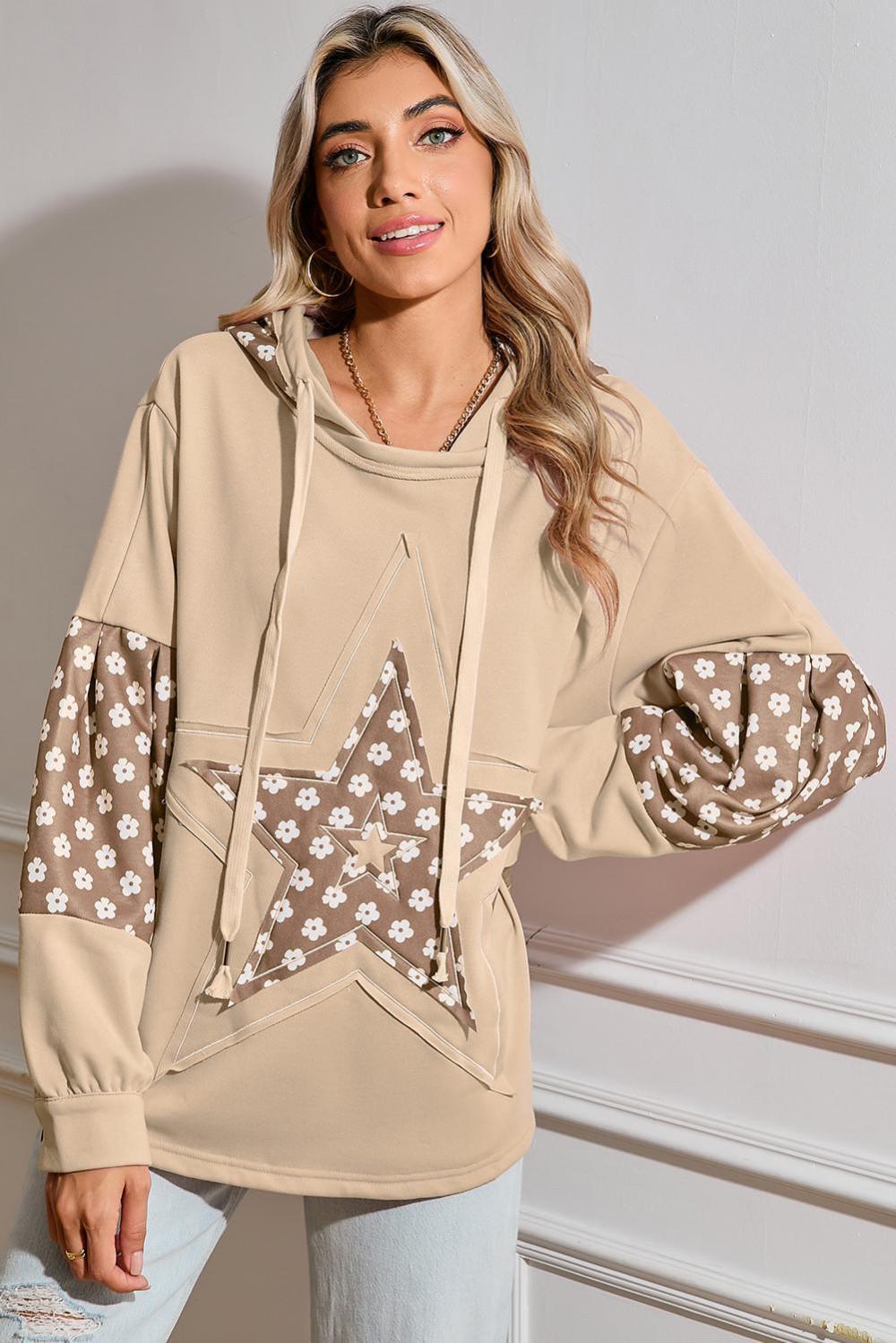 Sweatshirts & Hoodies | Apricot Floral Patchwork Star Pattern Drawstring Hoodie - Women